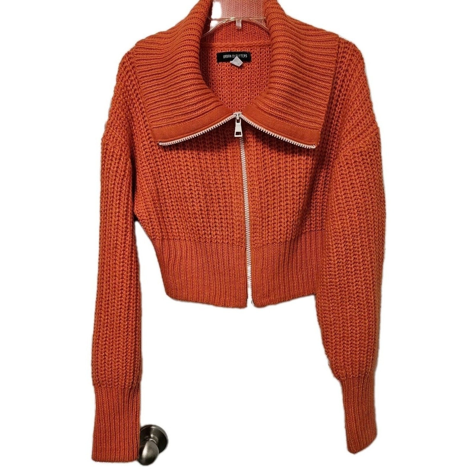 Urban Outfitters Cardigan Women Med Orange Full Zip Cropped Shaker Knit Sweater